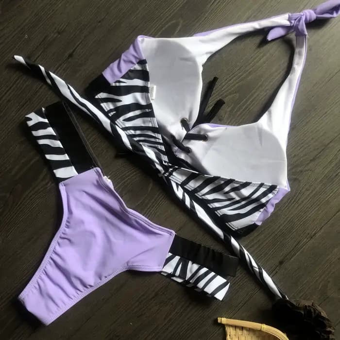 Sexy épissage zèbre licou Bikini brésilien femmes maillot de bain femme string maillots de bain deux pièces Bikini ensemble coupe haute maillot de bain bain
