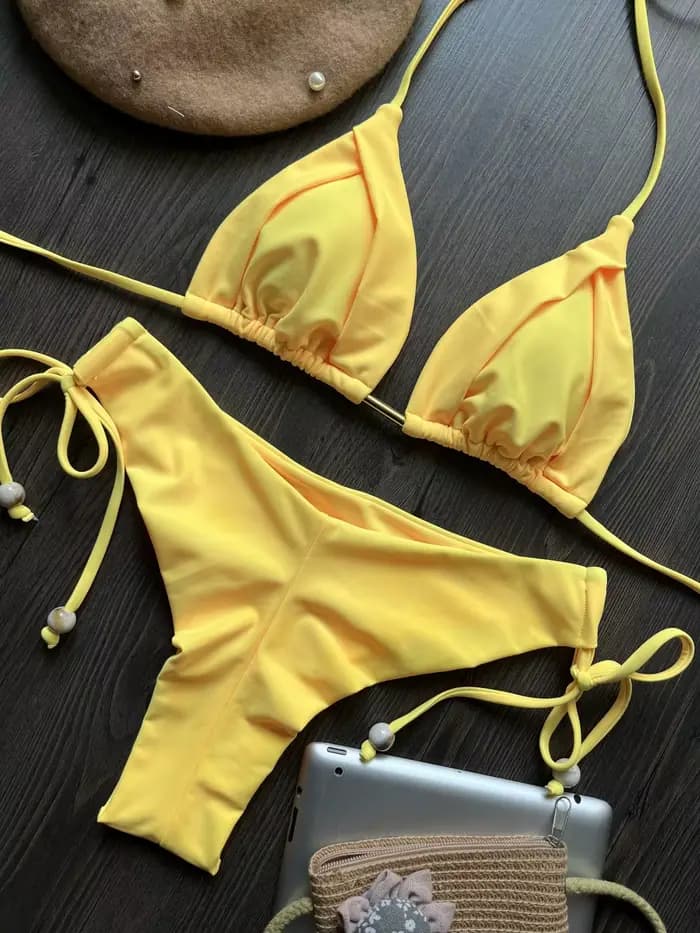 Sexy jaune Bikini ensemble 2025 femmes licou plissé Push Up soutien-gorge taille haute maillot de bain brésilien plage