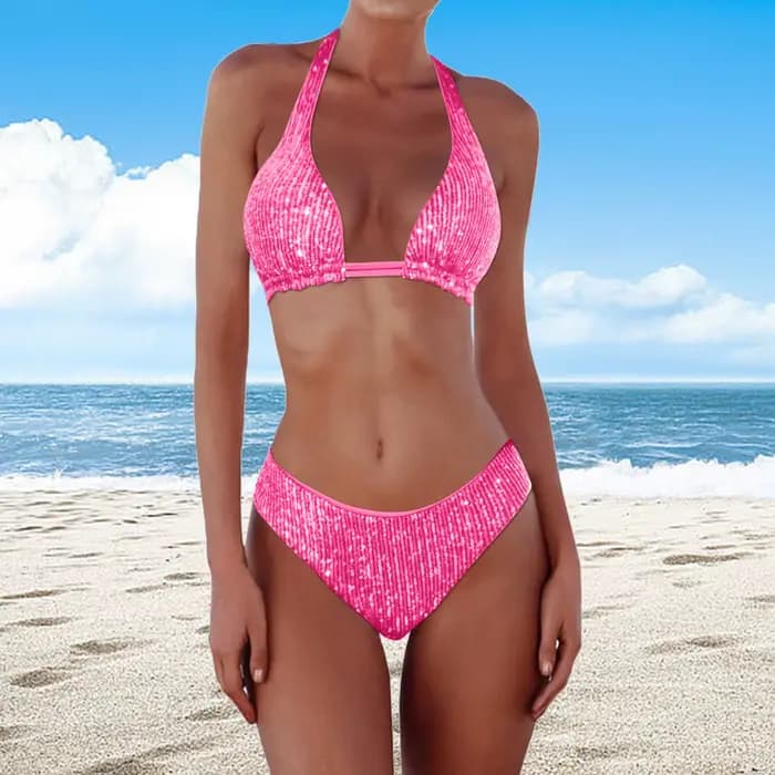Ensemble de bikini scintillant à paillettes pour femmes, maillot de bain sexy brésilien à col halter et taille basse, couleur unie brillante, idéal pour les vacances à la plage
