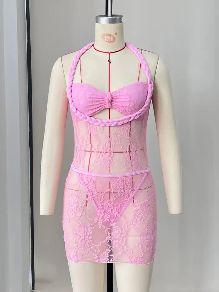 Sexy blanc rose corde attaché une pièce maillot de bain femmes avant arc Push Up maille jupe ensemble 2025 été maillot de bain vacances maillots de bain