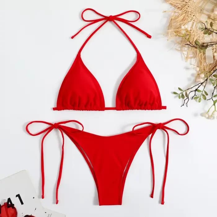 Sexy femmes string couleur unie Bikini ensemble côté licou cravate maillot de bain dames sangle fendue réglable