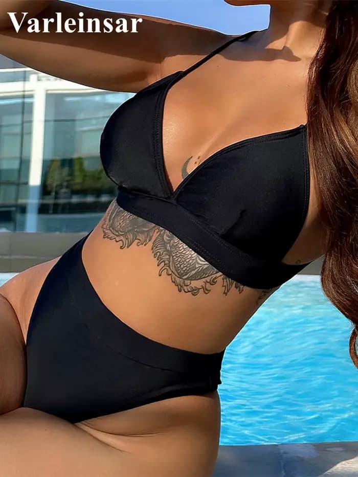 Maillot de bain brésilien sexy taille haute à découpes pour femme, ensemble bikini deux pièces, maillot de bain féminin V5497
