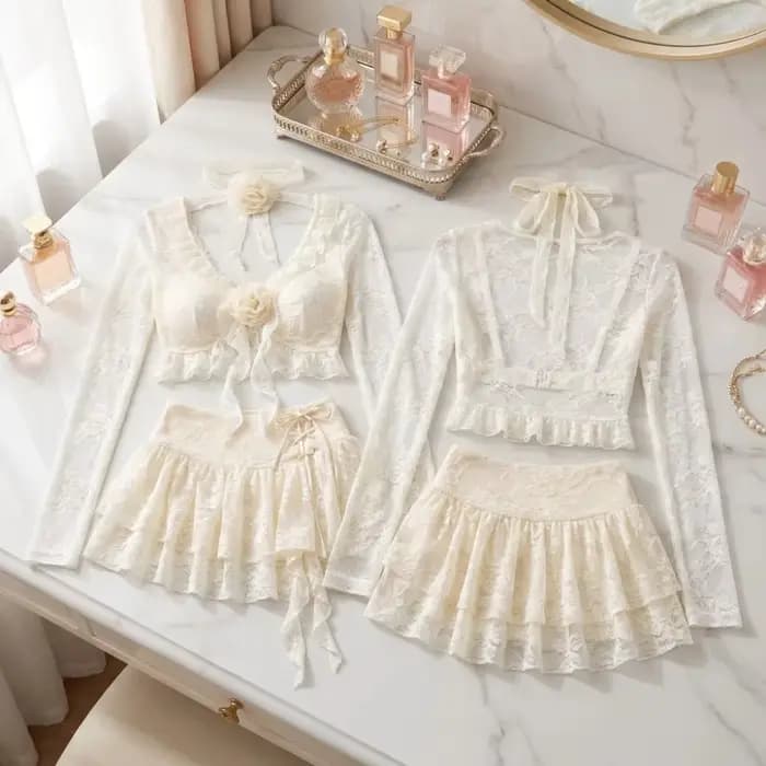 Maillot de bain à manches longues en dentelle à volants