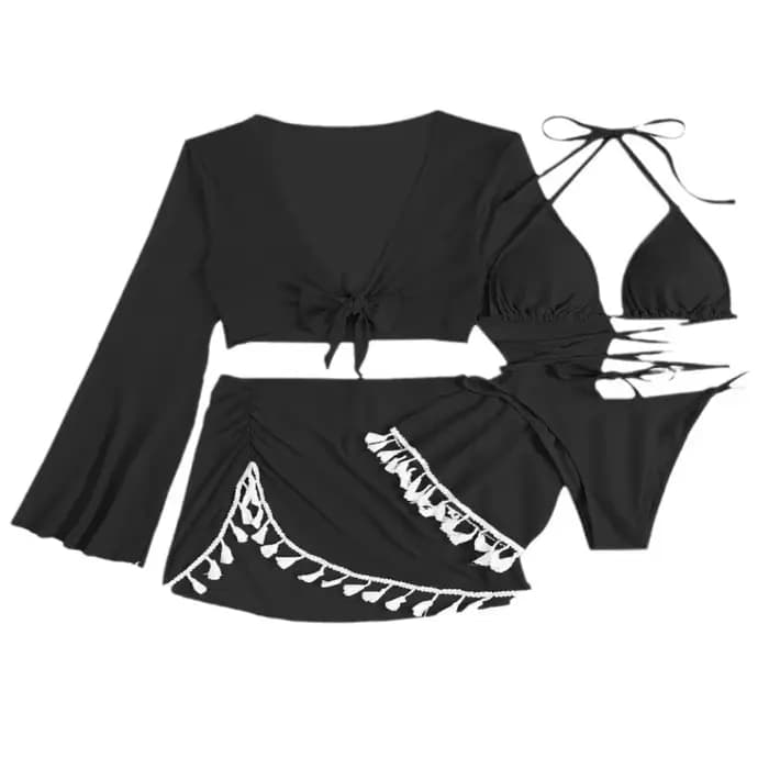 Ensemble de bikini conservateur, Nouveauté de la saison, Vente flash : Maillot de bain quatre pièces pour femme avec jupe courte en dentelle à pompons de couleur unie