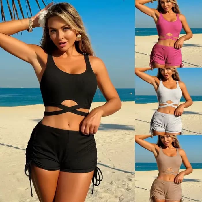 Maillot de bain deux pièces pour femme, style short, avec cordon de serrage, sexy, tendance, pour les vacances et la plage, collection été
