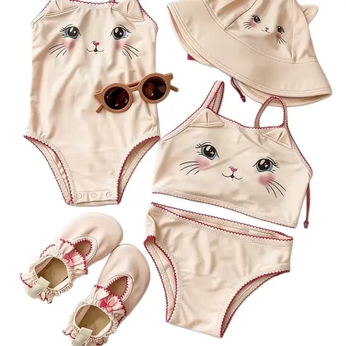 Nouvel ensemble de maillots de bain une pièce et deux pièces pour filles, motif chat mignon, imperméable, collection été 2026