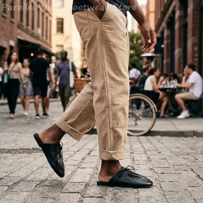 Mules Cyberpunk pour hommes en cuir souple plissé noir et marron, à lacets et sans talon, confortables pour la marche, chaussures décontractées