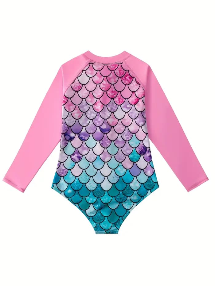 Maillot de bain sirène irisé pour filles de 3 à 8 ans, manches longues, protection contre les éruptions cutanées à séchage rapide, pour fête sur la plage et à la piscine