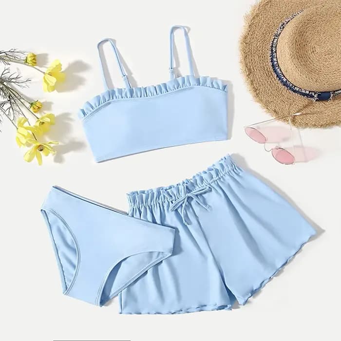 Maillot de bain trois pièces pour enfants filles, ensemble Bikini Rullfe, avec short, tendance, pour adolescentes de 10 à 16 ans