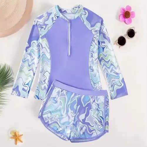 Maillot de bain deux pièces pour jeunes filles, ensemble imprimé à la mode, manches longues, fermeture éclair, protection solaire, séchage rapide, maillot de bain pour adolescents