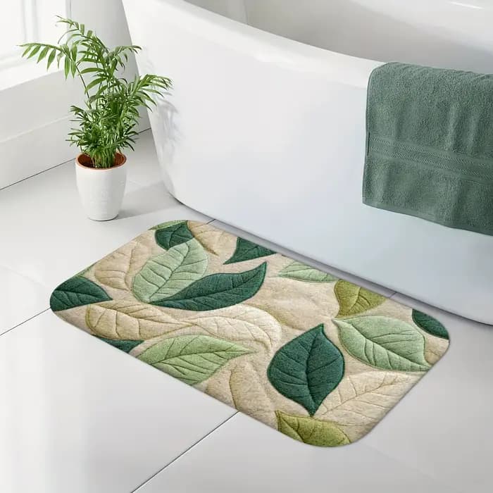 Tapis de bain à motif de feuilles vertes, tapis antidérapant en flanelle douce, pour salle de bain, cuisine, entrée, décoration de douche, cadeau de pendaison de crémaillère
