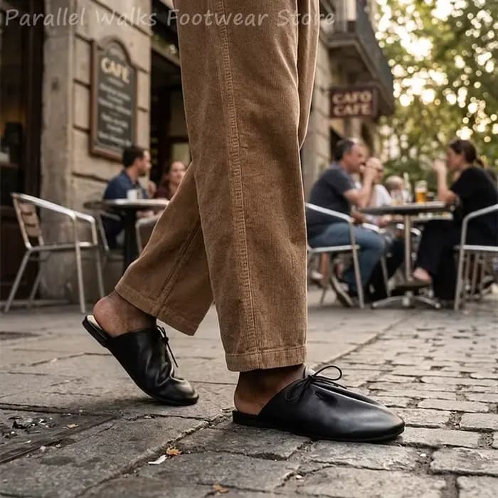 Mules Cyberpunk pour hommes en cuir souple plissé noir et marron, à lacets et sans talon, confortables pour la marche, chaussures décontractées