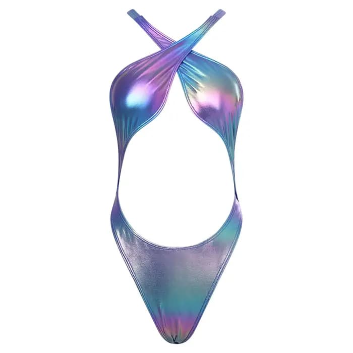Maillot de bain une pièce métallisé irisé pour femme, dos nu, bretelles croisées avec coussinets de poitrine, body tendance, vêtements de plage une pièce