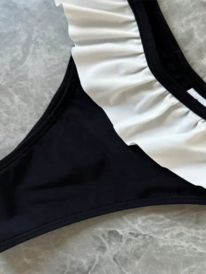 Maillot de bain femme sans bretelles, ensemble 2 pièces, couleur unie, patchwork, push-up, à volants, string, pour la plage et les sources chaudes, nouvelle collection 2026