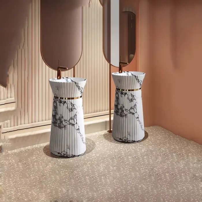 Lavabo sur pied fin effet marbre, lavabo autoportant moderne et minimaliste pour hôtel, maison, salle de bain RS22019