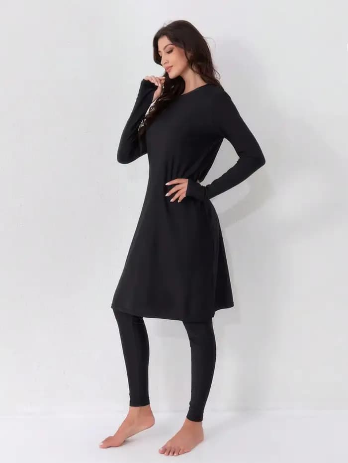 Maillot de bain décontracté pour femmes musulmanes, ensemble deux pièces, maillot de bain à col rond, style conservateur, boucle de doigt, robe noire, pantalon taille haute