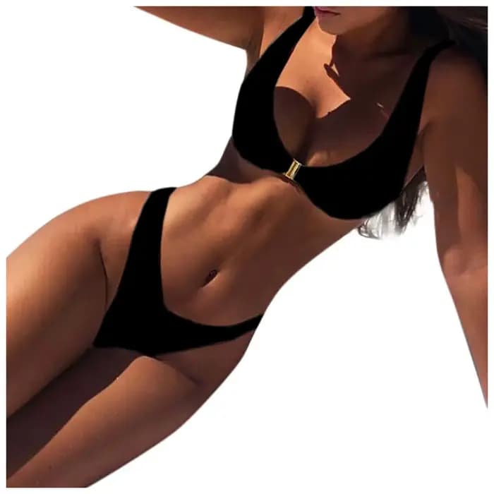 Maillot de bain sexy uni avec fermoir doré, style européen et américain, ensemble bikini deux pièces pour femme, collection été