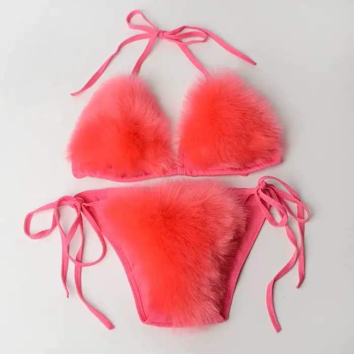 Été femmes fausse fourrure de renard Sexy licou couleur unie Bikini ensemble maillots de bain Triangle