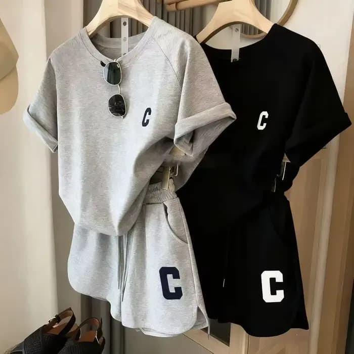 Ensemble décontracté d'été pour femme, style coréen, avec short et haut à manches courtes, broderie lettre C, idéal pour la maison et la mode.