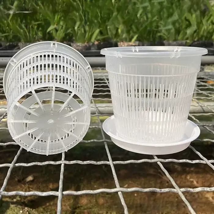 Pot d'orchidée avec soucoupes, 5 pièces, Pot en plastique transparent pour plantes à fleurs, Pot de repérage avec trous, Pot en maille, contrôle des racines, Pot de fleur d'orchidée