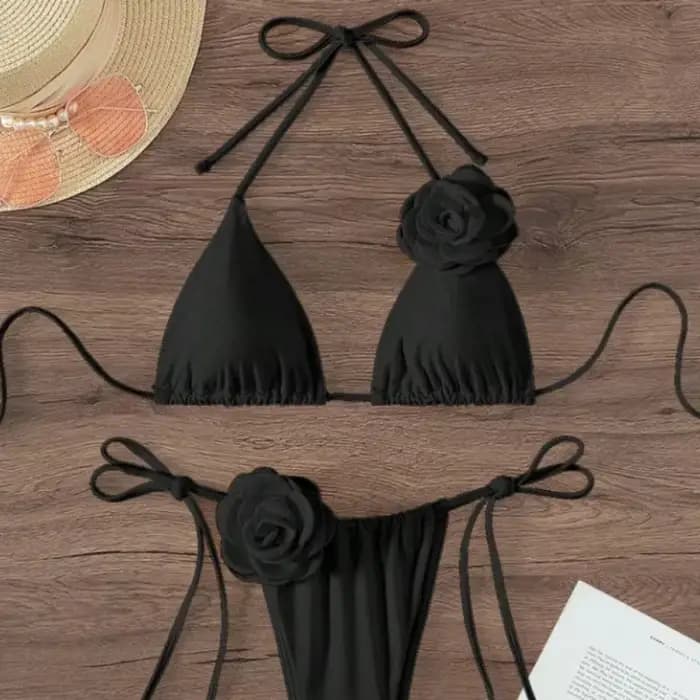 Maillot de bain deux pièces sexy à fleurs 3D pour femmes, bikini à bretelles licou, ensemble de baigneurs, maillots de bain trempés, S-L