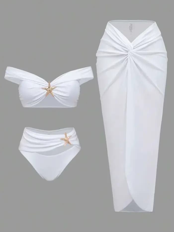 Ensemble de bikini sexy pour femmes, vêtements de plage, bikini étoile de mer métallique, jupes longues plissées, ensembles trois pièces, style de vacances pour filles sexy, maillot de bain