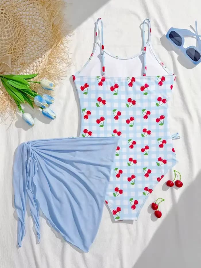 Maillot de bain une pièce pour filles, nouvelle collection 2026, motif bleu à carreaux et cerises, avec bretelles, maillot de bain pour enfants, tenue de plage estivale en maille, paréo de bain
