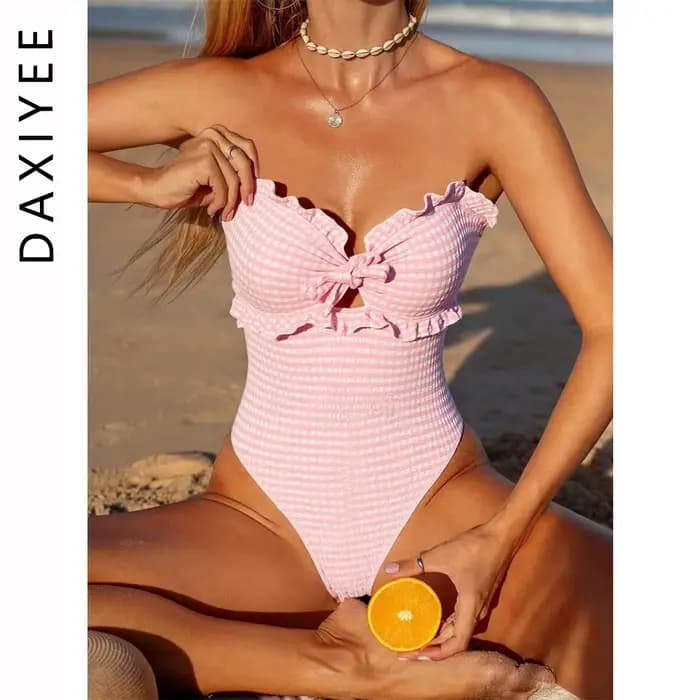 Maillot de bain une pièce sexy à épaules dénudées avec nœud, découpes, imprimé écossais, volants et coupe haute, monokini pour femme