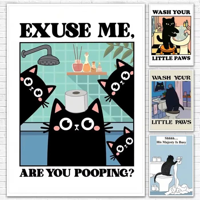 Affiche drôle de chat noir pour salle de bain, autocollant mural auto-adhésif HD imperméable et assorti à toutes les décorations, pour la maison et la chambre à coucher