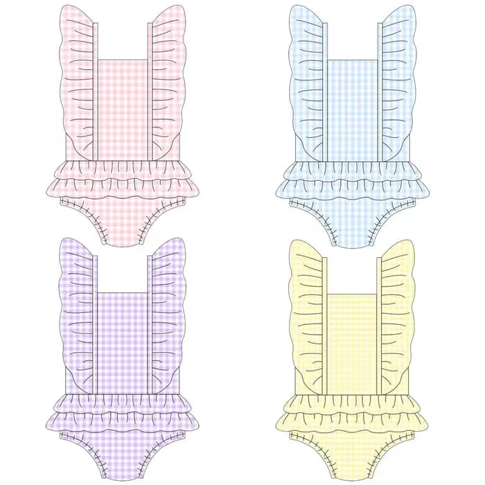 Nouveau maillot de bain une pièce à volants imprimé à carreaux uni pour fille, style vacances en bord de mer en soie de lait