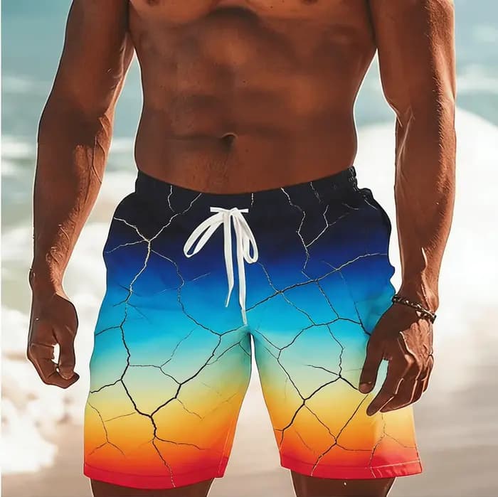 Shorts de sport pour hommes, avec un motif dégradé craquelé unique et une impression 3D, parfaits pour les vacances d'été et la natation.