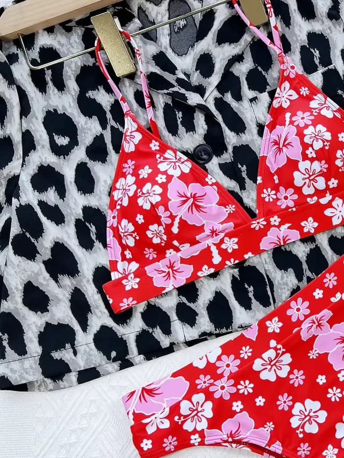 Nouveau Bikini 2026 Sexy Maillot de Bain Femme Push-Up Taille Haute Dos Nu Imprimé Floral Rouge Ensemble Bikini de Plage