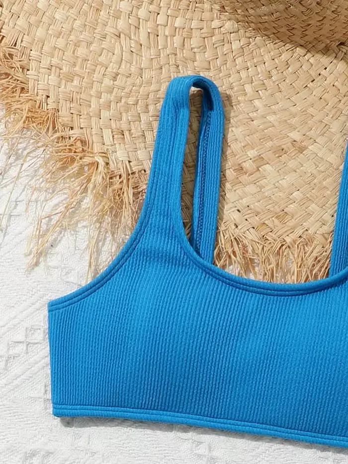 Bikini filles enfants maillot de bain 2026 nouveau bleu côtelé fronde maillots de bain pour enfants été taille haute deux pièces plage maillot de bain natation