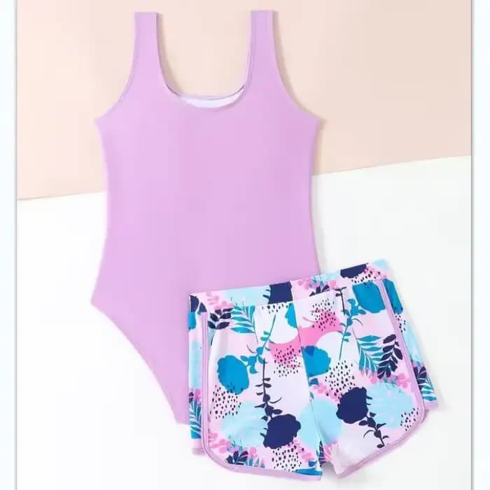 Maillot de bain une pièce avec short pour filles de 8 à 12 ans