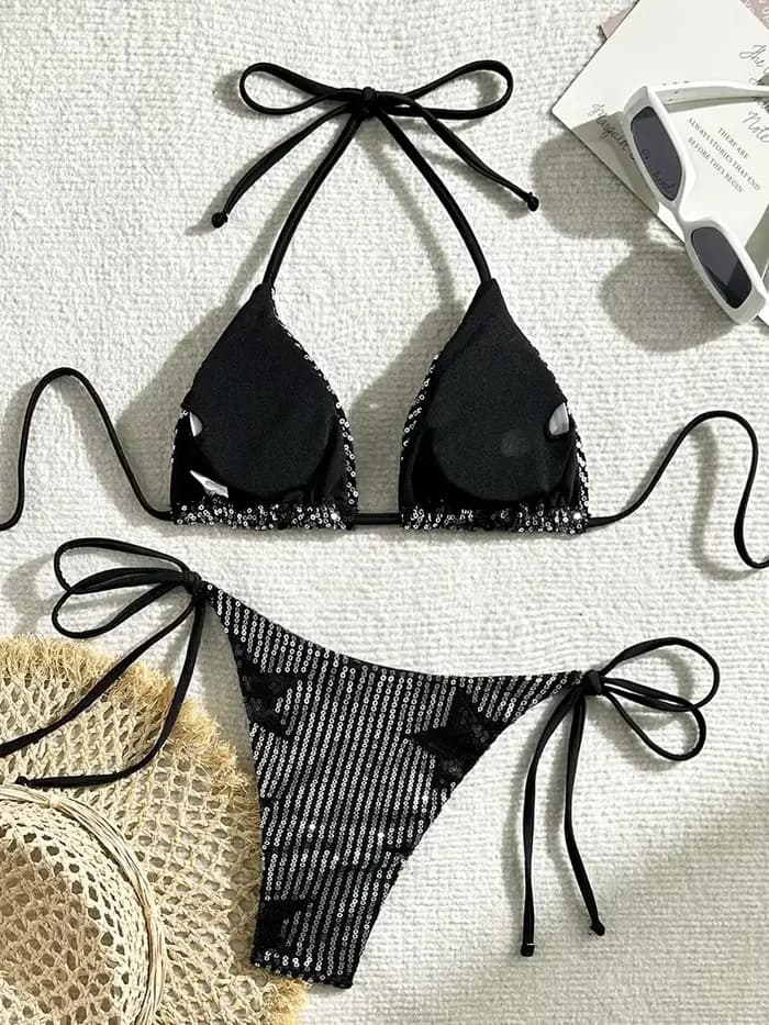 Maillot de bain deux pièces à sequins pour femmes, étoile brillante, licou, bikini, ensemble, brésilien, vêtements de plage, 2025