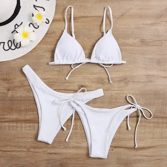 Ensemble bikini sexy 3 pièces pour femme - Maillot de bain triangle push-up à bandes bleu et violet