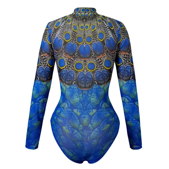 Vintage crème solaire une pièce maillot de bain jupe ensemble femmes paon imprimé fermeture éclair manches longues
