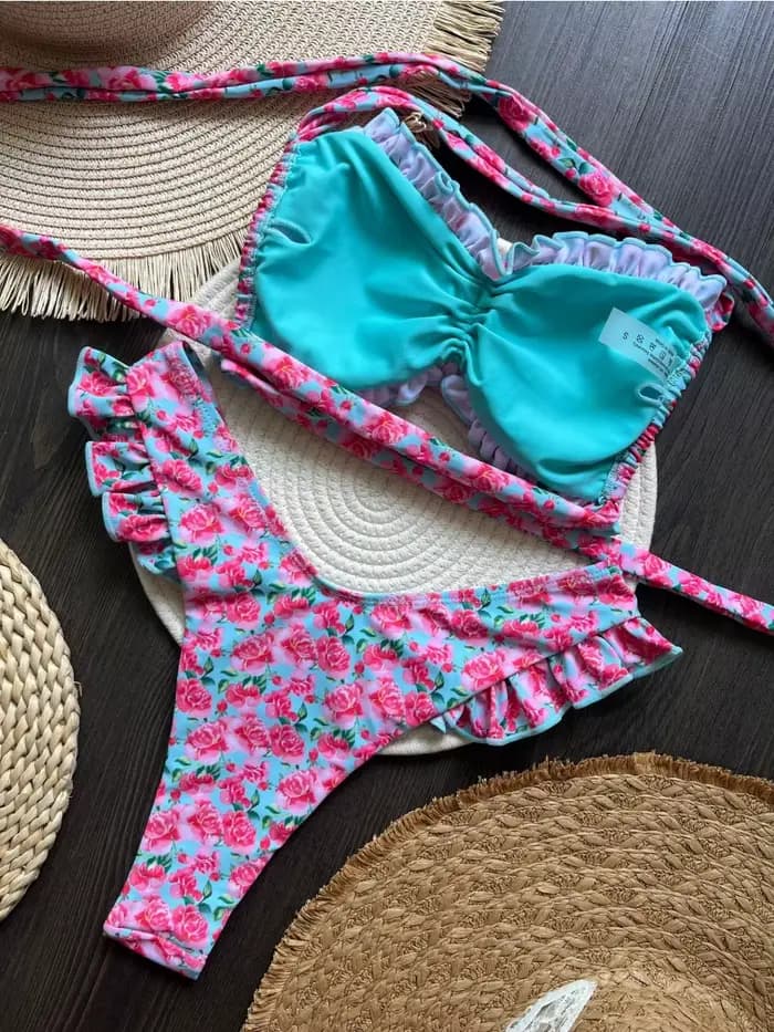 Maillot de bain 2 pièces imprimé fleuri à volants