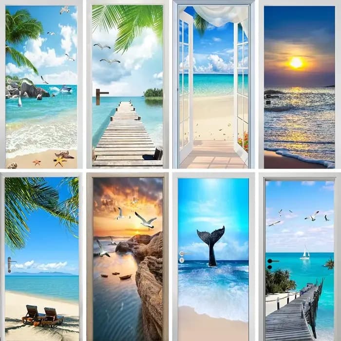 Autocollant Mural de porte 3D vue sur la mer plage, papier peint auto-adhésif en PVC bleu ciel, paysage d'été, couverture complète de porte pour réfrigérateur