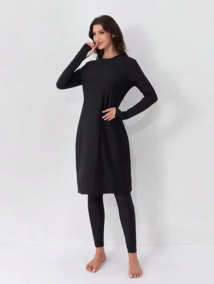 Maillot de bain décontracté pour femmes musulmanes, ensemble deux pièces, maillot de bain à col rond, style conservateur, boucle de doigt, robe noire, pantalon taille haute