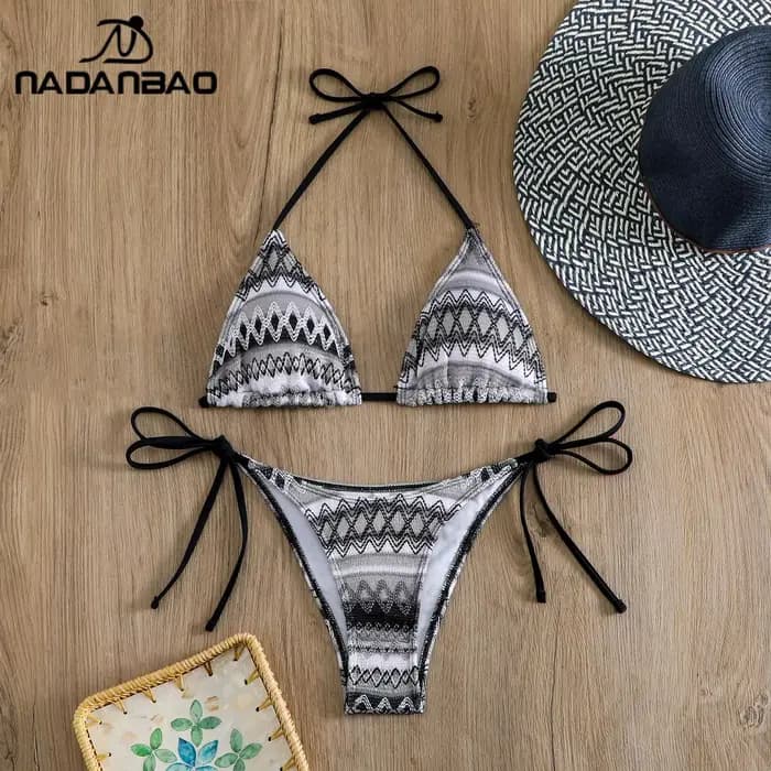 Nadanbao Sexy tricot imprimé fleuri Bikini ensembles maillots de bain femmes marron dos nu mode maillot