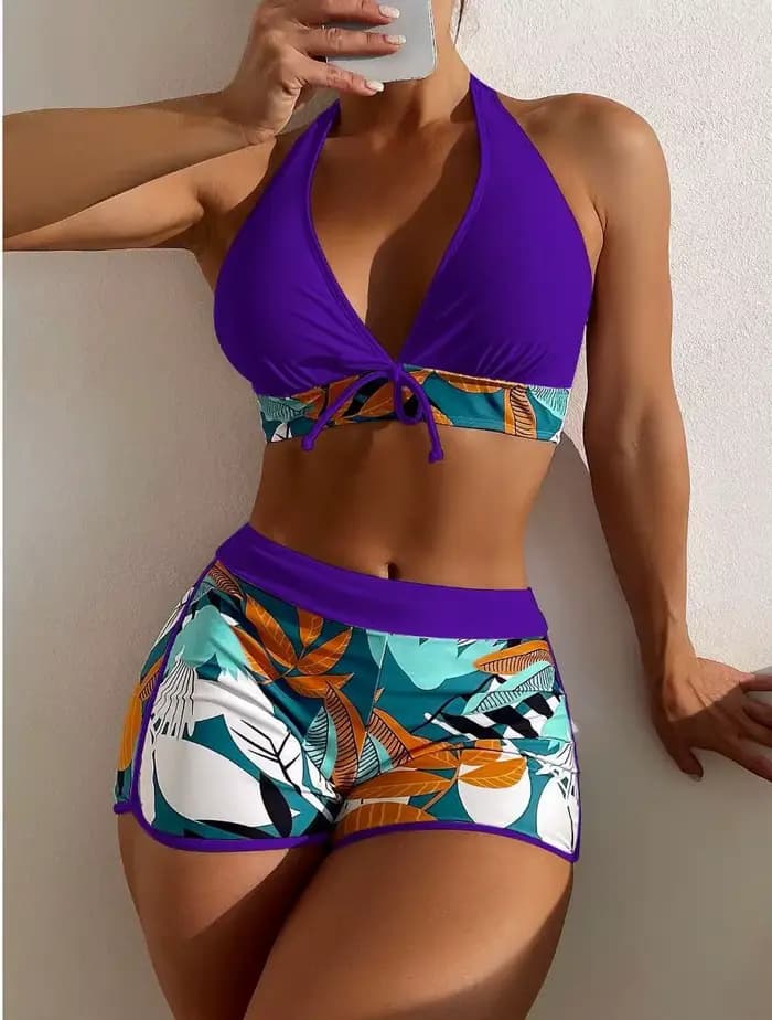 Nouvel ensemble bikini halter 2026 pour femme, maillot de bain court taille haute imprimé, tenue de plage