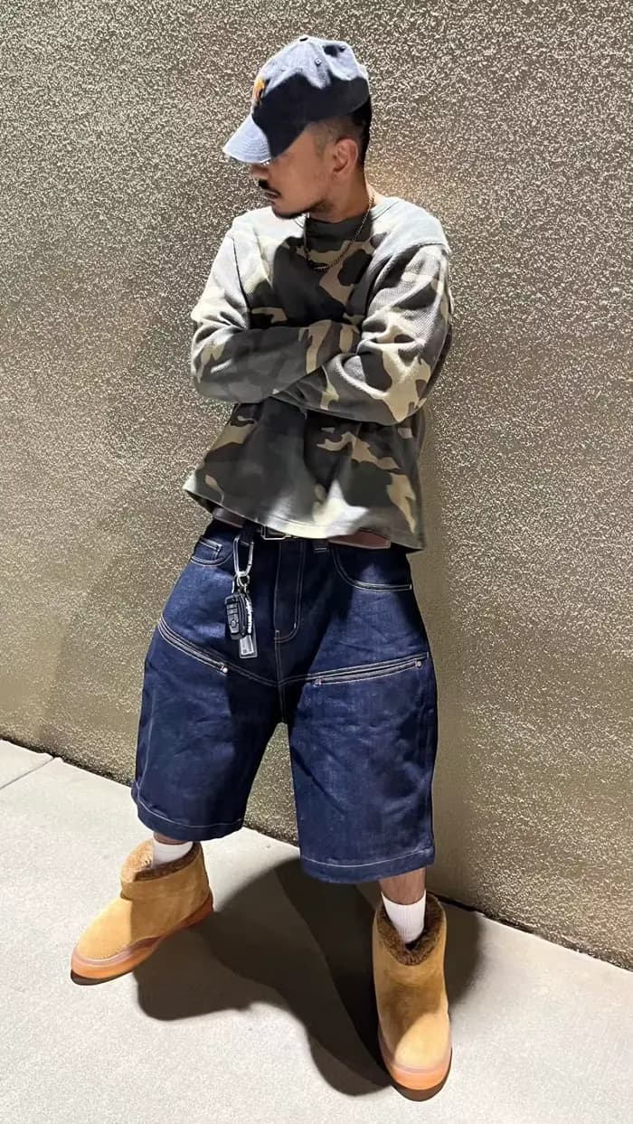 Shorts en jean baggy pour homme, coupe ample, jambe large, longueur genou, en denim indigo brut, style streetwear décontracté, avec surpiqûres contrastées