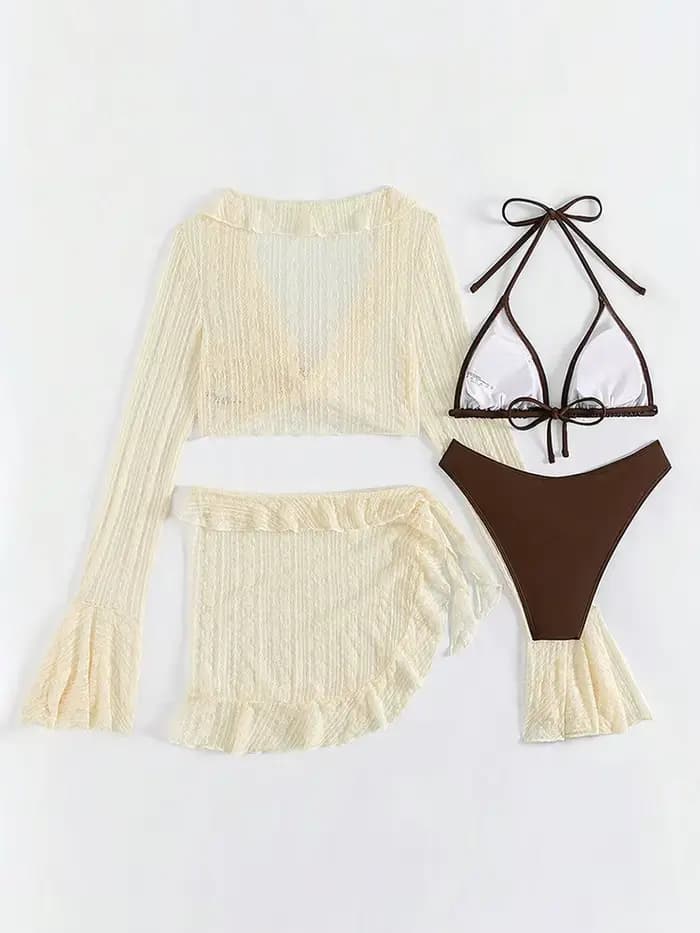 Maille Bikini quatre pièces ensemble pour femmes Lingerie Sexy à lacets Transparent hanche paquet jupe tenues 2025 été Chic dame plage ensemble