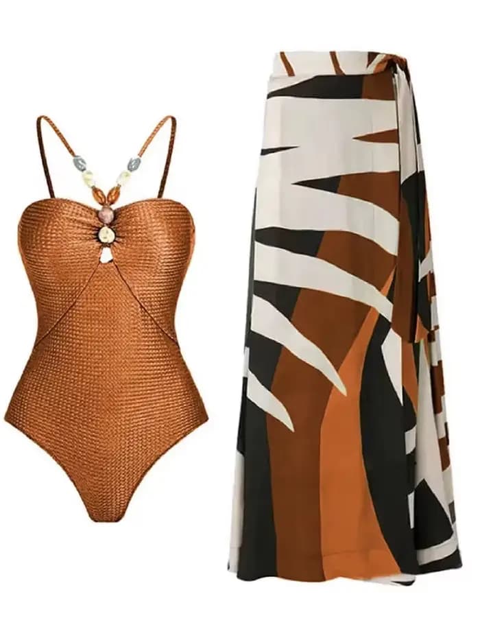 Maillot de bain une pièce sexy à bretelles avec jupe intégrée et rembourrage pour femme