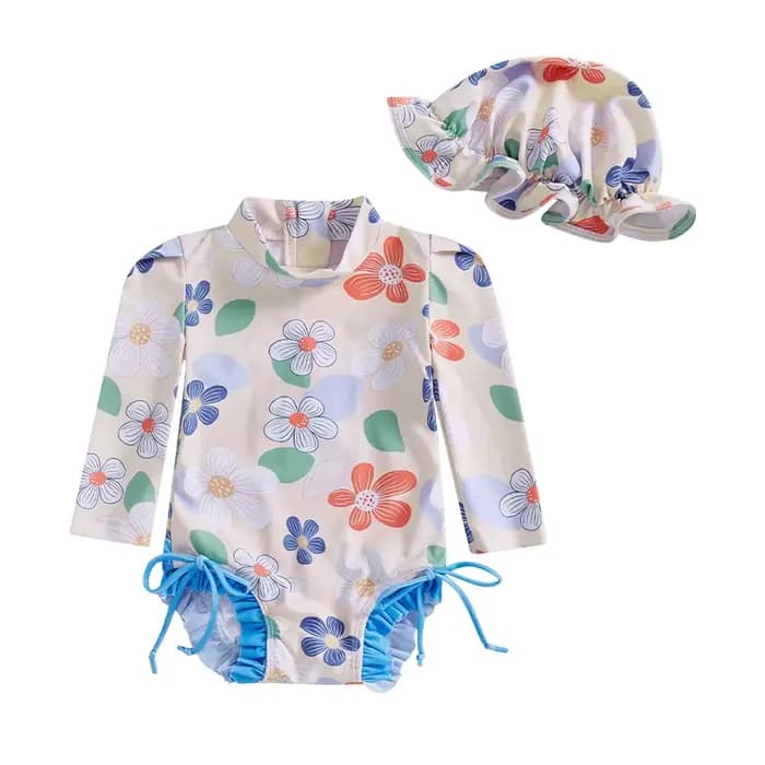 Maillot de bain pour nouveau-né fille, imprimé floral/coquillage, manches longues, col montant, imbibé d'un chapeau, protection contre les éruptions cutanées