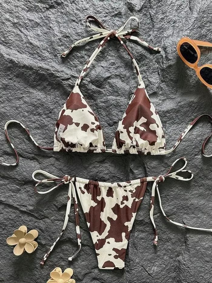 Ensemble Bikini Femme 2026 Été Marron Blanc Imprimé Vache Halter Triangle Liens Latéraux String Maillot de Bain Sexy pour Vacances à la Plage S