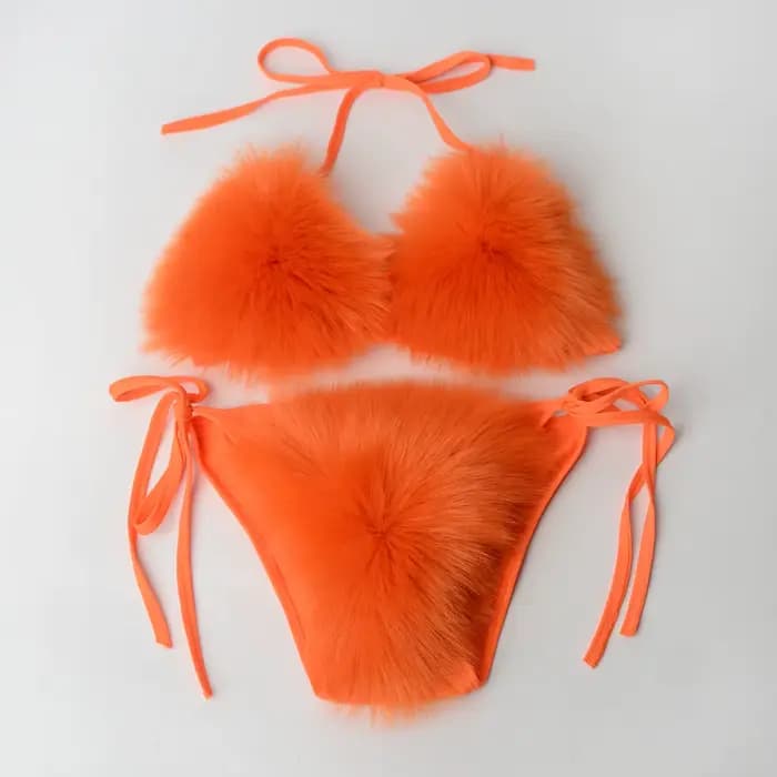 Été femmes fausse fourrure de renard Sexy licou couleur unie Bikini ensemble maillots de bain Triangle