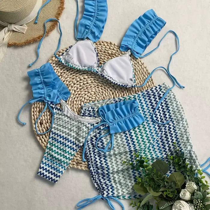 DEBAIOR nouveau ensemble de Bikini Sexy femmes maillot de bain trois pièces avec jupe couvrir bords froissés
