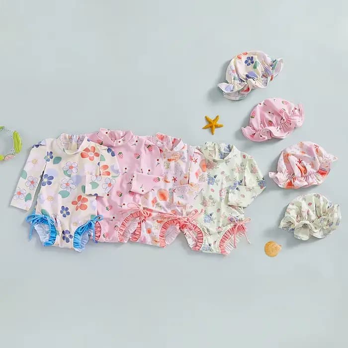 Maillot de bain pour nouveau-né fille, imprimé floral/coquillage, manches longues, col montant, imbibé d'un chapeau, protection contre les éruptions cutanées